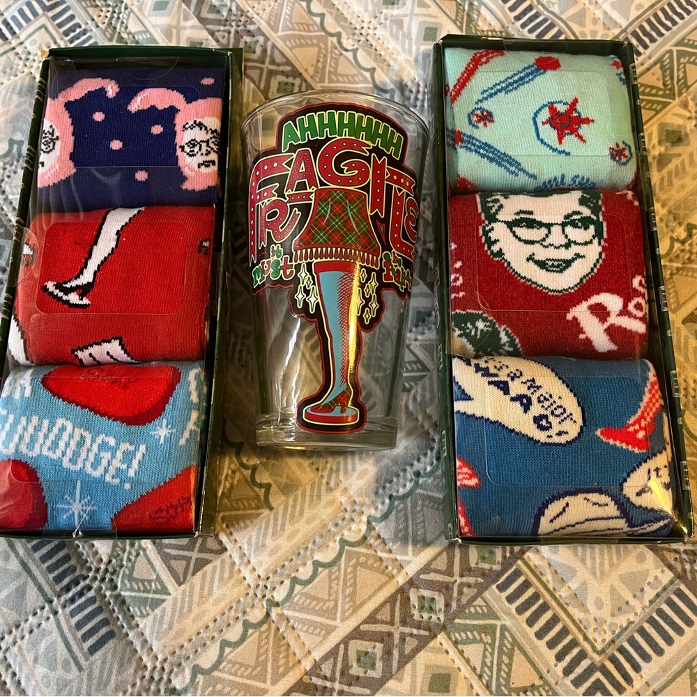 2 packs A CHRISTMAS STORY ADULT SOCKS  (6 pairs total)
1 pint glass NEW
